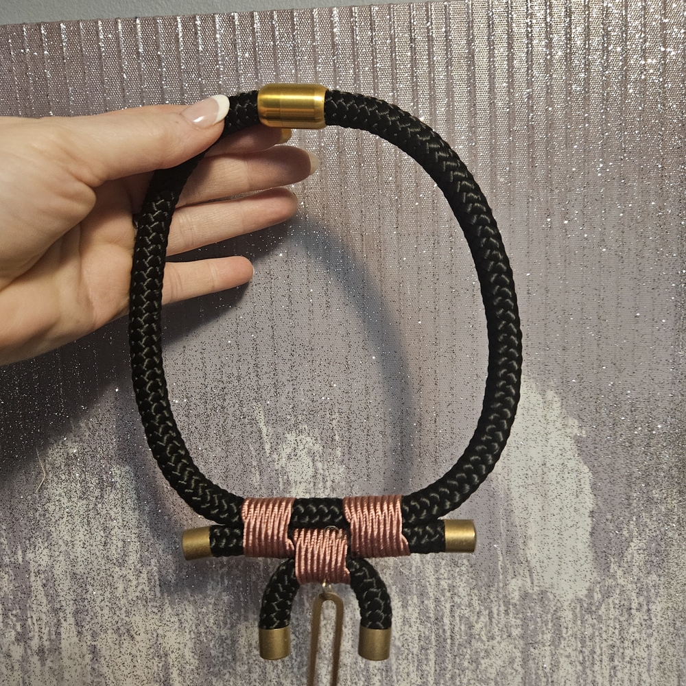 Black Rope Necklace with Rose Gold and Brass Accents